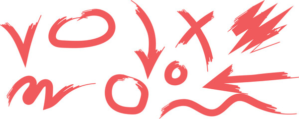 Red hand drawn spray paint strokes circles arrows marks and splatters grunge style elements