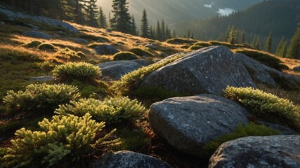 Serene mountain landscape at sunrise, featuring lush greenery and rocky terrain in a tranquil setting