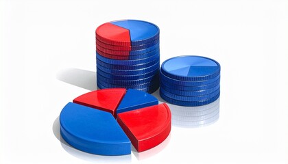 Blue and red disc stacks beside a pie chart with red wedge, light background.