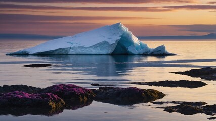 Majestic iceberg floating serenely in calm waters at sunset, surrounded by vibrant coastal rocks