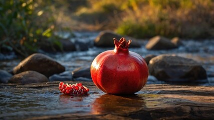 Fresh pomegranate resting on a rock by a serene stream, surrounded by nature's vibrant greenery