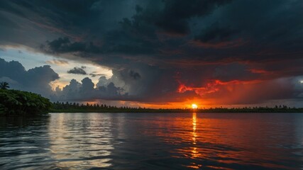 Dramatic sunset over a calm lake, with vibrant clouds reflecting on the water's surface