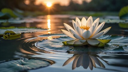 Serene water lily blooming at sunset, reflecting on calm waters amidst lush green foliage