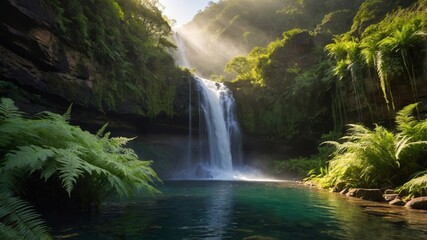 Serene waterfall cascading into a crystal-clear pool surrounded by lush greenery and sunlight filtering through