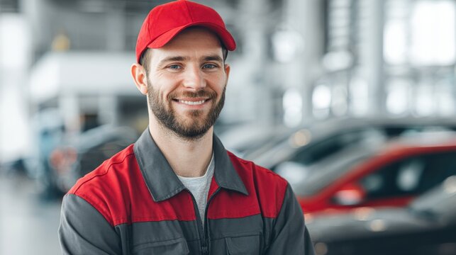 A cheerful technician stands in a bustling auto repair shop ready to assist customers.