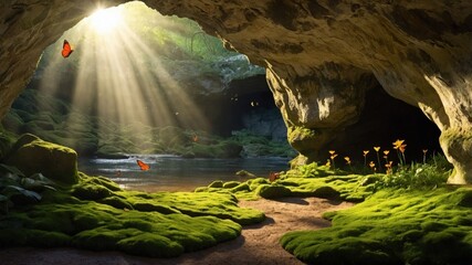 Sunlight streaming into a serene cave with butterflies and vibrant flora near a tranquil river