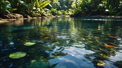 Tranquil jungle river reflecting lush greenery and vibrant fish, showcasing serene nature