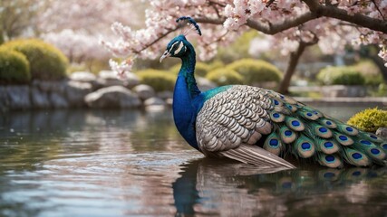 Obraz premium Majestic peacock standing gracefully in a serene pond surrounded by blooming cherry blossoms