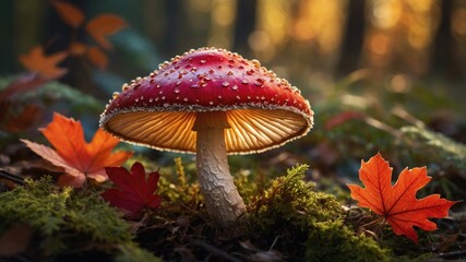 Vibrant red mushroom surrounded by autumn leaves in a serene forest setting, capturing nature's beauty