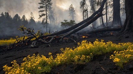 Wildflowers bloom in a scorched forest landscape, smoke rising from the remnants of a wildfire