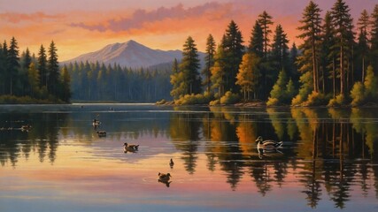 Serene lake at sunset with ducks swimming, surrounded by lush forests and distant mountains