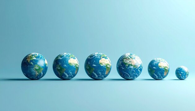 Six Earth globes decreasing in size, aligned on light blue gradient background.