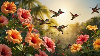 Vibrant hummingbirds hovering around colorful hibiscus flowers in a lush tropical setting at sunset