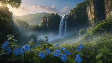 Serene waterfall cascading down lush green cliffs, surrounded by vibrant blue flowers in the foreground