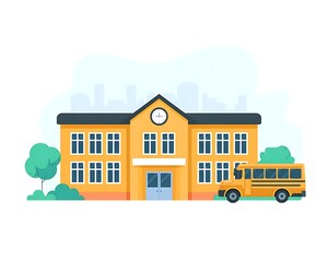 Yellow school building with bus and trees illustration