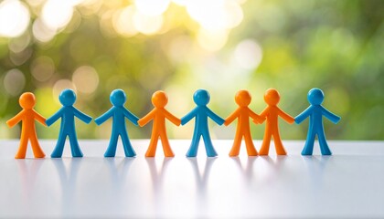 Colorful plastic family figures holding hands, sunlit outdoor background.