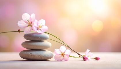 Stacked gray stones with pink flowers, soft pastel background.