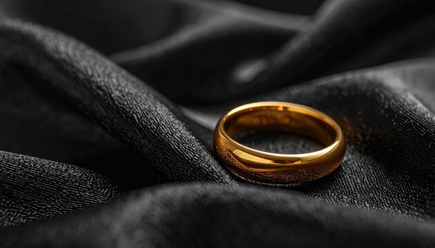 Gold ring gleams atop undulating, dark fabric, catching light in soft folds and curves of material