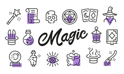 Magic poster. Magic banner design with fantasy icons. Wand, Potion, Spellbook, Cauldron, Wizard icons. Simple poster for presentations, covers. Banner template. Vector illustration.