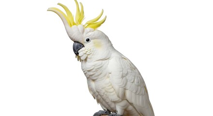 A majestic white cockatoo with a bright yellow crest stands proudly against a clean white background.