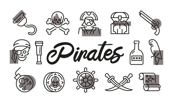 Pirates poster. Pirates banner design with nautical icons. Skull, Sword, Treasure, Parrot, Shipwheel icons. Simple poster for presentations, covers. Banner template. Vector illustration.