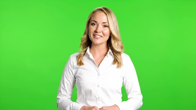 A woman with blonde hair wearing a white shirt stands in front of a green screen background, looking directly at the camera