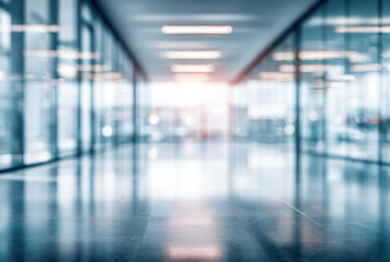 Fototapeta premium Modern glass office corridor with blurred background and reflections