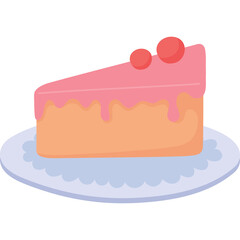 A slice of cake with pink frosting and red cherries on a blue plate against a transparent background
