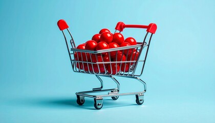 Mini shopping cart filled with red spheres on light blue background.