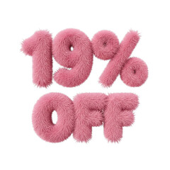 Pink fluffy 19 percent off text isolated on transparent background