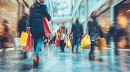 Shoppers with colorful bags hurry through a lively mall filled with activity and excitement.