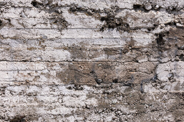Weathered concrete wall features visible cracks and embedded stones, showcasing rough texture and aged appearance. Outdoor setting emphasizes grungy mood during daytime.