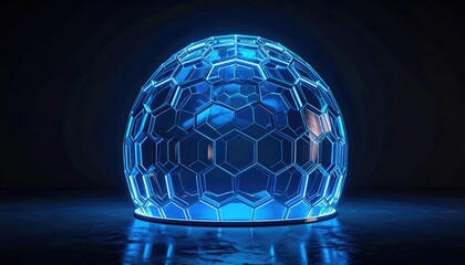 A glowing, blue, semi-transparent dome made of interconnected hexagons sits on a reflective surface in a dark space