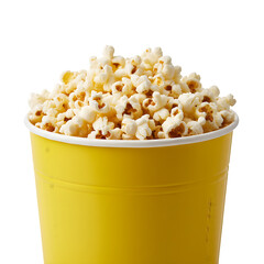 Bright yellow bucket overflowing with freshly popped popcorn