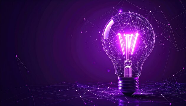 Glowing lightbulb framed by a purple geometric network against a deep violet backdrop, casting a bright aura - Powered by Adobe