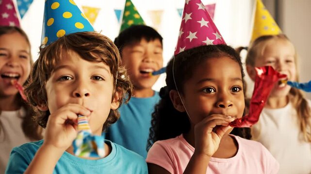 A group of diverse children wearing party hats and blowing noisemakers, enthusiastically celebrating a birthday party with excitement and smiles