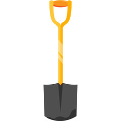 A simple illustration of a garden shovel with a yellow handle and dark grey shovel head against a white background