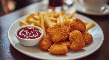 Delicious chicken nuggets and crispy fries served with a side of rich ketchup perfect for a quick lunch.