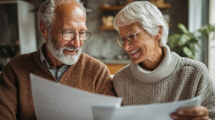 Elderly couple sits close sharing smiles as they discuss papers in a cozy living room filled with warmth.