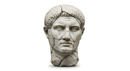 Ancient Roman marble bust with broken edges, isolated on white background, museum artifact.