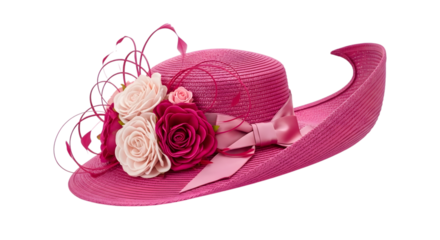 Elegant pink hat with floral decoration isolated on transparent background, perfect for special occasions and formal events