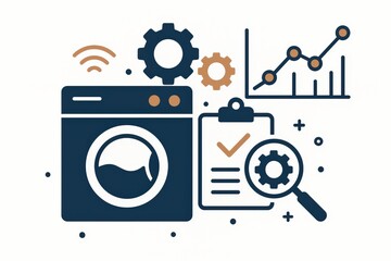 Innovative washing machine iconography illustrating smart technology concepts including gears analytics data charts with emphasis on digital home efficiency and optimal appliance functionality