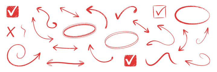 Vector art of hand drawn red arrows, circles, check marks