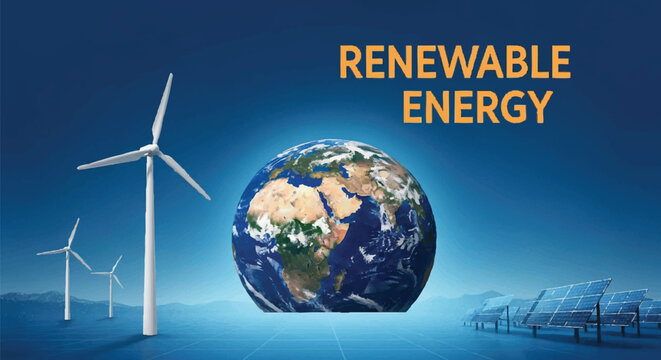 Sustainable power generation from solar panels and wind turbines on a global scale, representing the future of energy