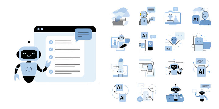 Vector art of artificial intelligence and chatbot concept with robot and computer screen