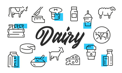 Dairy poster. Dairy poster design with Milk Icons. Cow, Cheese, Goat, Butter, Yogurt, Bottle, Carton, Cream icons. Simple poster for covers or labels. Banner template. Vector illustration.