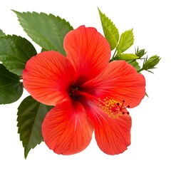 A vibrant red hibiscus flower with green leaves and buds against a clean white background.