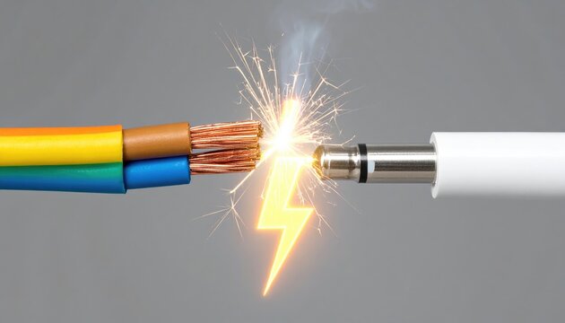 Stripped colorful wires spark intensely when connected to a metal audio jack, on a simple gray backdrop