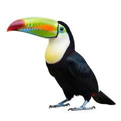 A vibrant toucan with a large, colorful beak stands against a stark white background, showcasing its black plumage and bright chest.