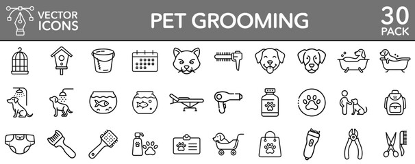 Pet grooming care tools animals vector line icons set